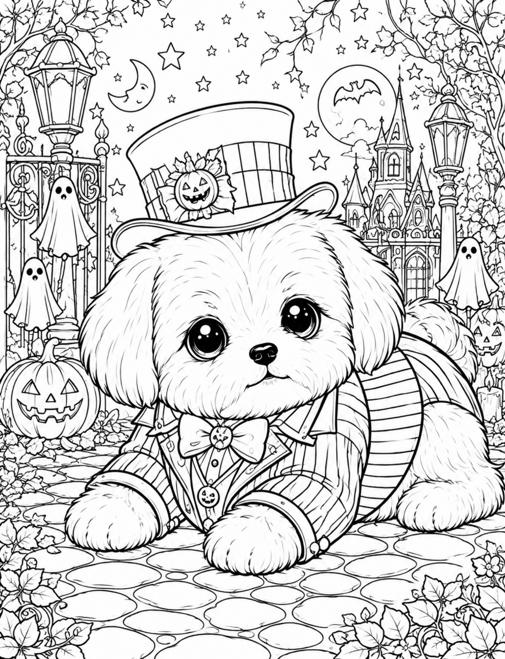 A chibi puppy dressed in a striped storybook costume beneath a starry sky.