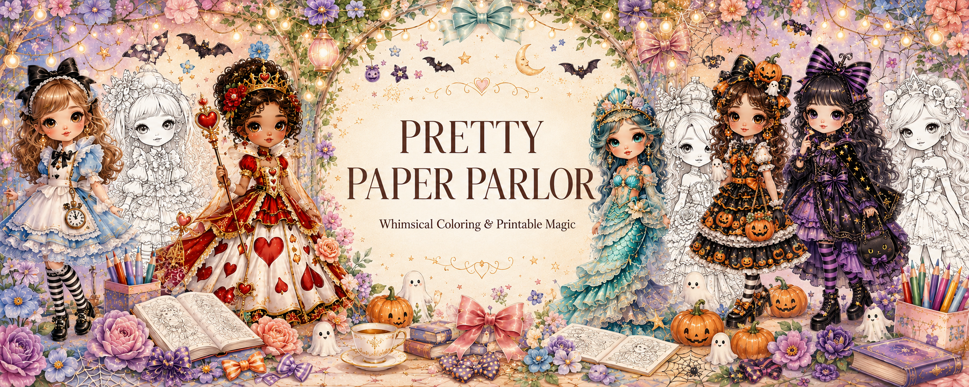 A whimsical pastel paper garden with original chibi fashion girls and coloring-page artwork.